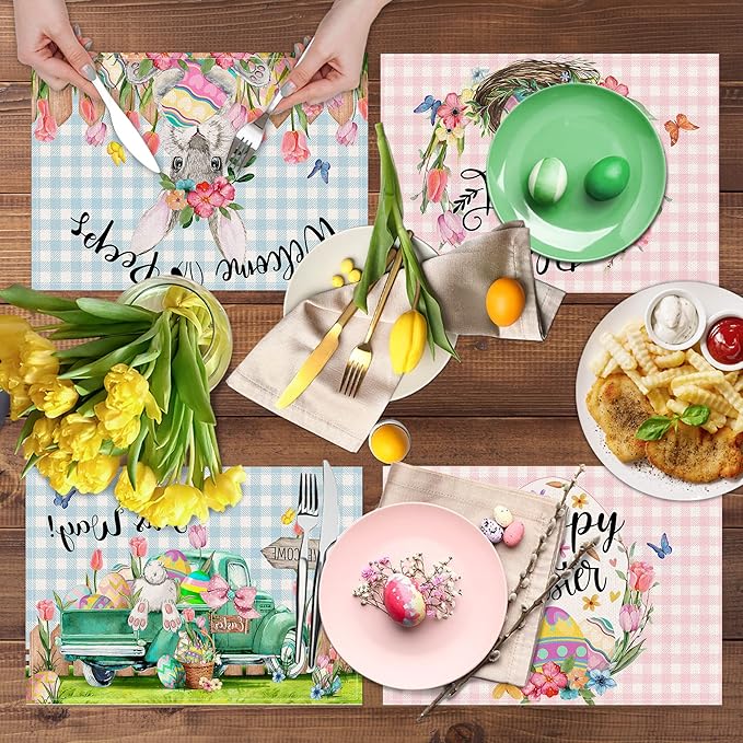 Pinata Easter Placemats Set of 4, Easter Placemats 12x18 Inch for Dining Table, Bunny Rabbit Place Mats, Farmhouse Table Decor, Rustic Table Mats