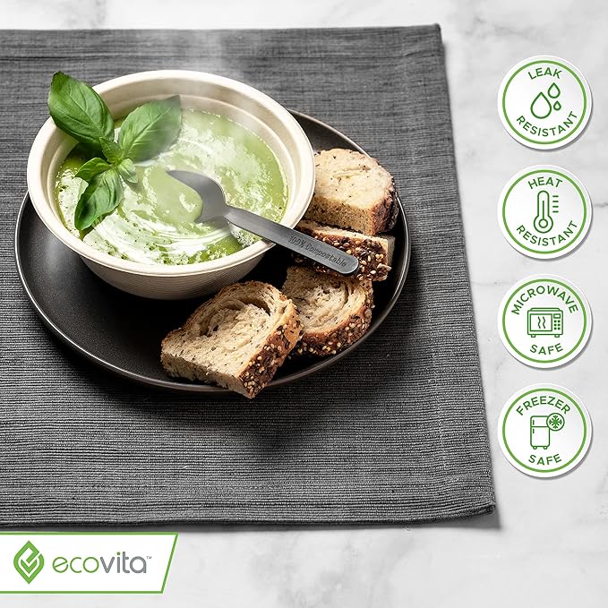 Ecovita 100% Compostable Paper Bowls [16 oz.] ??150 Disposable Bowls Eco Friendly Sturdy Tree Free Liquid and Heat Resistant Alternative to Plastic or Paper Bowls