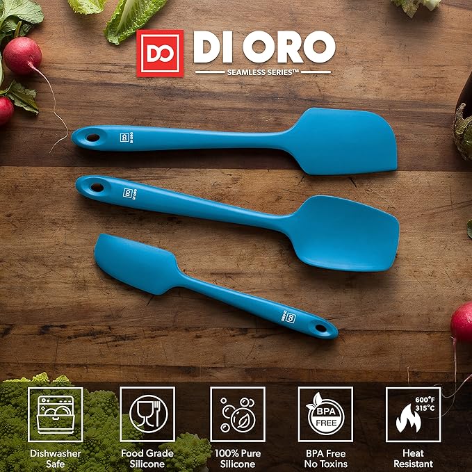 DI ORO Silicone Spatula Set - Rubber Kitchen Spatulas for Baking, Cooking, & Mixing - 600째F Heat-Resistant & BPA Free Silicone Scraper Spatulas for Nonstick Cookware - Dishwasher Safe (3pc, Blue)
