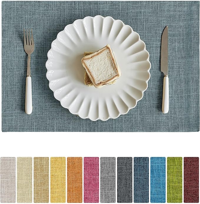 Softalker Faux Linen Placemats Set of 4-12 x 18 Inch, Heat Resistant Double Layered Durable Burlap Farmhouse Place Mats, Non-Slip Washable Rustic Table Mats for Dining, Kitchen, Party竊뉽ight Blue