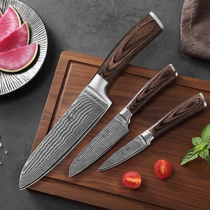 Wakoli EDIB 3-Piece Damascus Kitchen Knife Set in Wooden Gift Box ??Sharp Knives Set made of Genuine Damascus Steel (VG10 Core) ??Santoku, Small Santoku & Paring Knife ??Ergonomic Pakkawood Handles