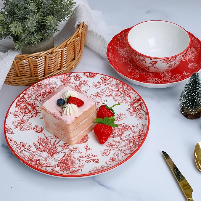 12-Piece Red Rose Dinnerware Set, Porcelain Plates with Full Red Pattern, Service for 4, Microwave and Dishwasher Safe
