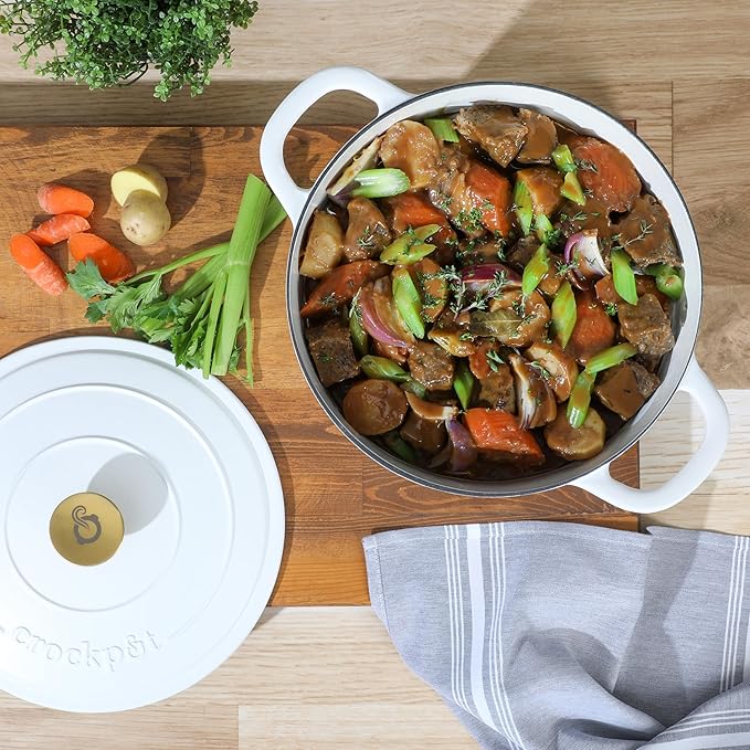 Crock-Pot Artisan 7-Quart Round Dutch Oven ??Matte Linen White with Gold Knob, Enameled Cast Iron Cookware