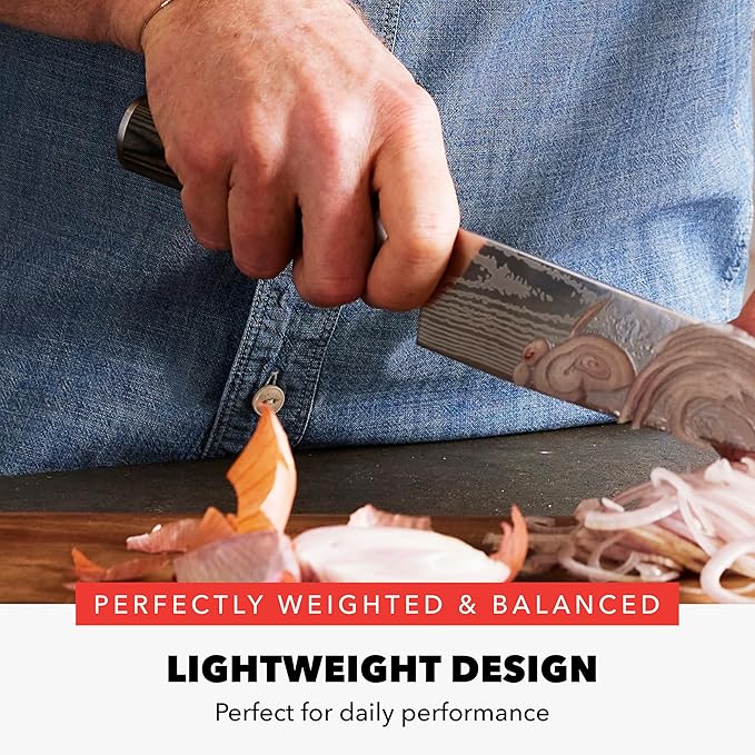 GreenPan x Bobby Flay 5??& 7??Santoku Knife Set, Premium Stainless Steel Blades, Precision Cutting Kitchen Tools, Ultra-Sharp Cutlery, Hand Finished Ergonomic Wood Handle, Damascus Steel Design