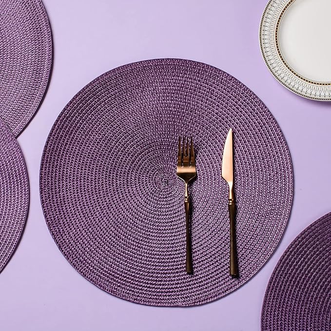 AHHFSMEI Round Braided Placemats 15 Inch Round Table Mats for Dining Tables Natural Woven Heat Resistant Place mats Set of 4 (Plum Purple,4)