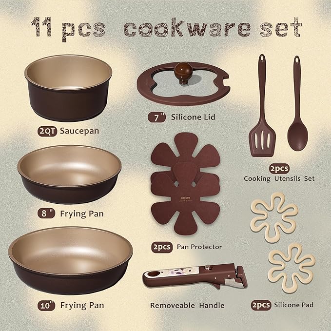 CAROTE 11pcs Ceramic Cookware Set, Pots and Pans Set Non stick, Induction Kitchen Cookware with Removable Handle, Dishwasher & Oven Safe, RV/Camping Cookware, PFAS Free, Brown