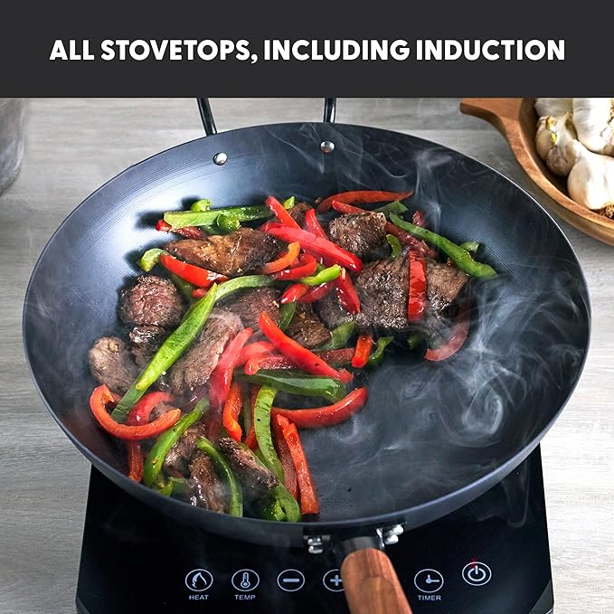 GreenPan Carbon Steel Wok 12?? Flat Bottom, Durable Stir-Fry Pan, Pre-Seasoned Nonstick Patina, High Heat Retention, Induction, Ash Wood Handle, Kyoto, Black