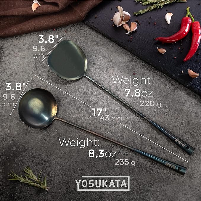 YOSUKATA Blue Round Bottom Wok Pan ??14" Woks and Stir Fry Pans With Pre-Seasoned Wok Utensils Set - Blue Carbon Steel 17-inch Wok Spatula, Wok Ladle, 3 pairs of Chopsticks