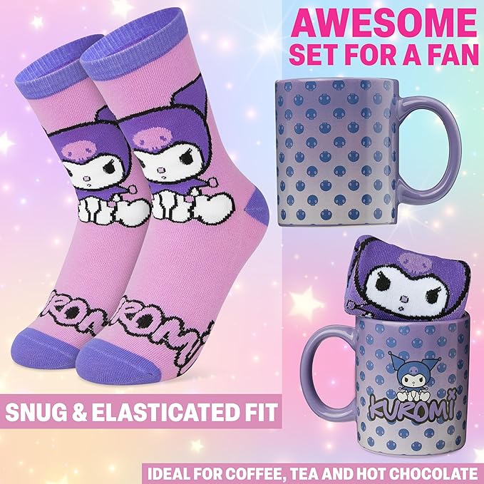 Get Trend Kuromi Sanrio Coffee Mug, Socks Set, 11.5 oz Ceramic Cup with Crew Socks, Kawaii Drinkware Christmas, Secret Santa Gifts for Women (Purple Kuromi)