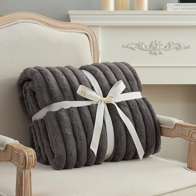 Am챕lie Home Faux Fur Throw Blanket for Couch, Cozy Fuzzy Fluffy Fur Luxurious Soft Striped Plush Gift Blankets for Family Sofa Chair Bedroom, 60"x80", Charcoal Grey
