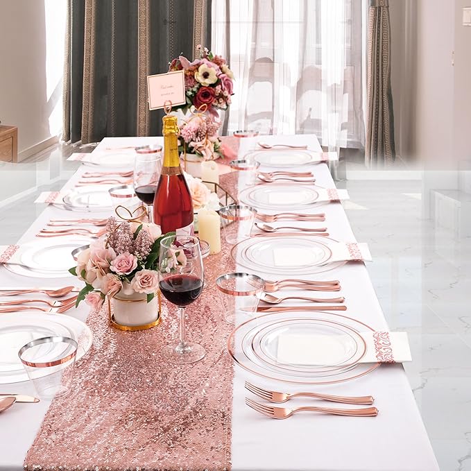 DaYammi 350Pcs Rose Gold Dinnerware Set Include: 50 Dinner Plates 10.25?쇺?50 Dessert Plates 7.5?쇺?50 Rose Gold Cutlery,50 Disposable Cups 9 OZ with 50 Napkins for Party