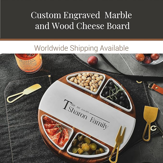 Shanik Acacia Wood Lazy Susan Cheese Board Set ??Rotating Charcuterie Platter with 4 Ceramic Bowls & Knives, Round Serving Tray for Weddings & Parties