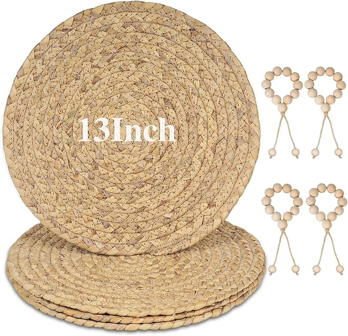 13??Woven Round Placemats Set of 4, Natural Water Hyacinth Braided Table Mats with 4 Wood Bead Napkin Rings, Washable Boho Farmhouse Rattan Place Mats for Home, Outdoor, Table Decor, Dinning, Wedding