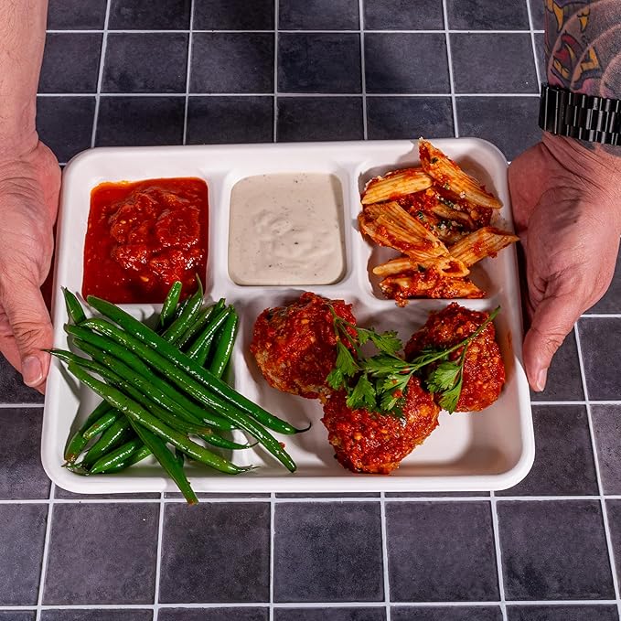 5 Compartment Plates, 100% Natural Disposable Biodegradable Plates, Lunch Trays for Cafeteria, Food, Meals, Dinner, Bulk, 10.35x8.35 Inch,125 Pack
