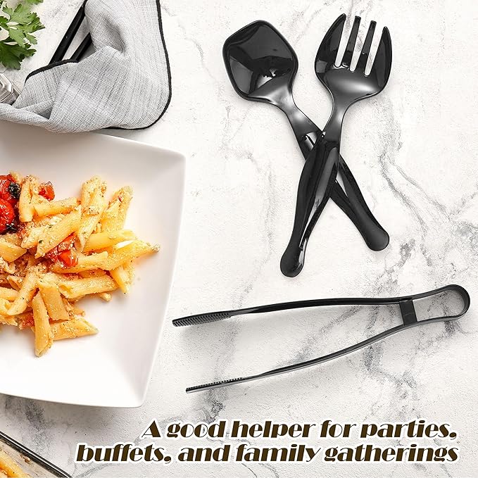 48 Pcs Black Plastic Serving Utensils Set 9'' Disposable Serving Utensils Spoons Forks Tongs for Serving Food Party Utensils Supplies for Buffet Banquets Weddings Restaurant Dinner Salad
