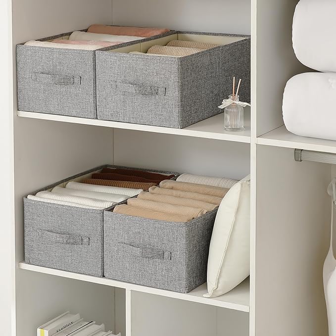 Linen Folding Storage Bins, 3 Pack Large Storage Baskets, Washable, Clothing Storage Bins with Handle, Closet Organizer for Storage Sweater,Sheets(dark grey, 18쩍"x11" x8쩍")