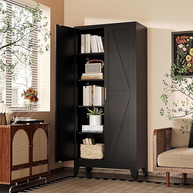 71" H Black Pantry Kitchen Cabinet with Doors,Black Metal Storage Cabinets,Freestanding Pantry Cabinet,Farmhouse Food Storage Cabinets,Tall and Large Pantry Cabinets for Kitchen, Dining Room