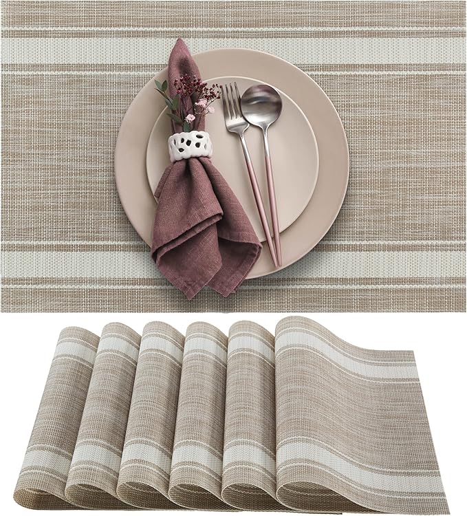 More D챕cor Dining Table Placemats, Washable Heat-Resistant PVC Vinyl Table Mats for Dining Room and Kitchen, Anti-Slip - Set of 4 - Horizontal Striped White- Beige