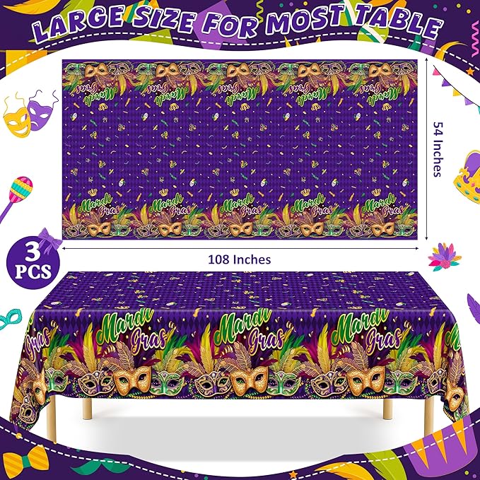 3 Pcs Mardi Gras Decorations, 54 X 108 Inches Rectangular Mardi Gras Tablecloth, Plastic Purple Table Cover With Masquerade Mask Design, Fat Tuesday Tablecover For Masquerade Party Picnic Dinner Decor