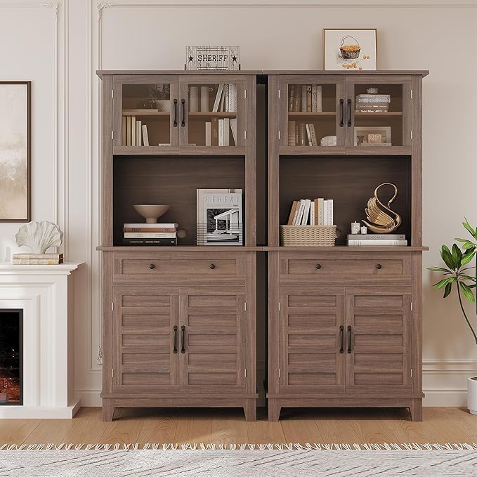 Elegant Brown Modern Wood Pantry Coffee Cabinet with Ample Storage, Spacious 72" Tall Kitchen Bar Cabinet Hutch Featuring 4 Stylish Glass Doors & 1 Smooth Drawer, Versatile Stand-Alone Food Pantry