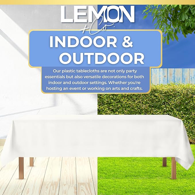 LEMON + Co. White Rectangle Table Cover Disposable Plastic Tablecloth 54 Inch. x 108 Inch. Premium Decorative Rectangle Table Cover 20 Pack