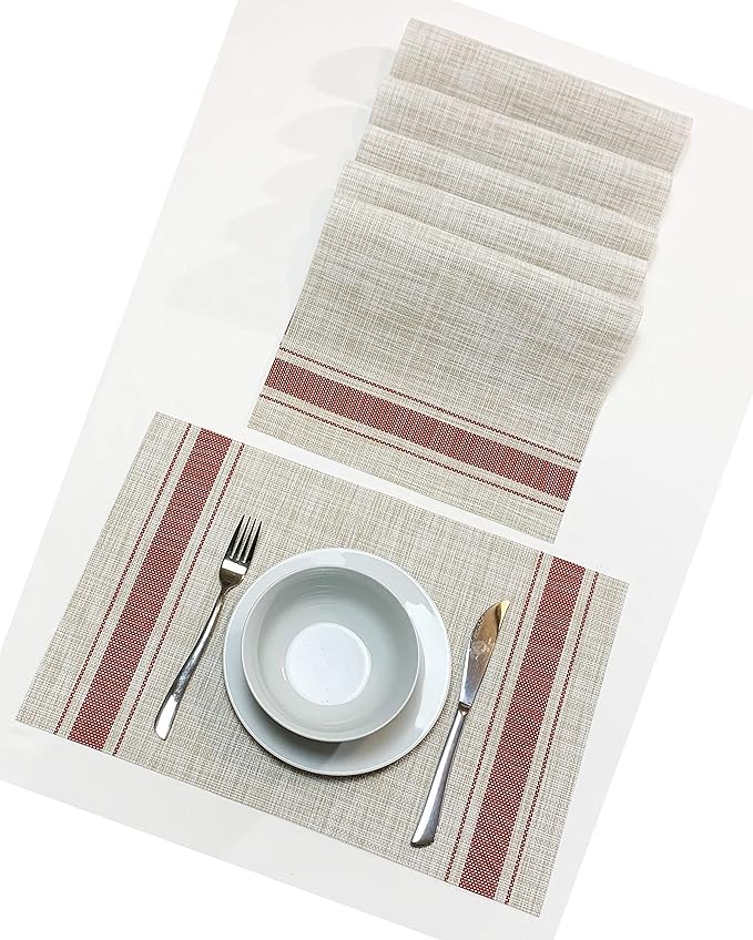 Jutemill Set of 12 PVC Vinyl Woven Place mats, Heat Insulation Stain Resistant Placemats for Dining Table Durable Cross Weave Woven Vinyl Kitchen Table Mats Placemat (Red)