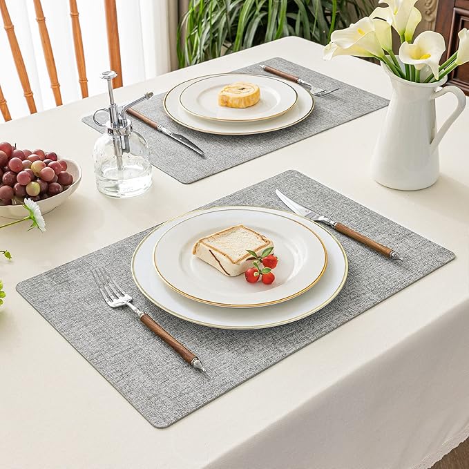 Romanstile Vinyl Placemats Set of 4-12 X 17 Inch - Heat Resistant Place Mats 100% Waterproof Oilproof Wipeable Reversible Faux Leather Table Mats for Kitchen, Dining, Party, Outdoor, Light Grey