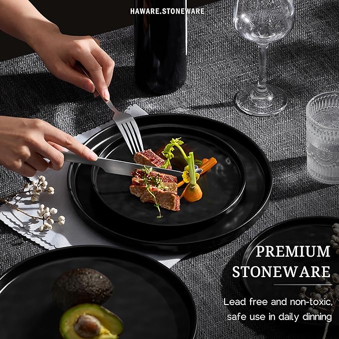HaWare Dinnerware Sets, 18-Piece Plates and Bowls Set, Stoneware Dish Set for 6, Ceramic Dinnerware for Home Restaurant, Chip and Scratch Resistant, Microwave and Dishwasher Safe, Matte Black