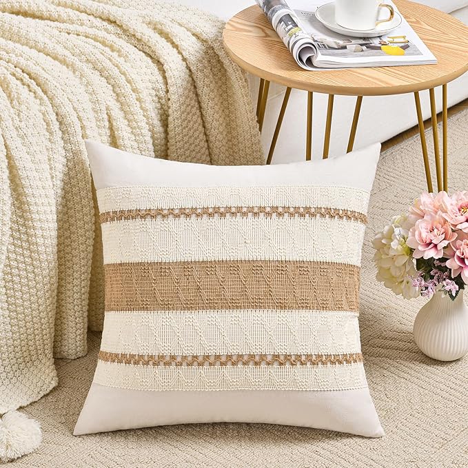 Fancy Homi Set of 2 Boho Neutral Decorative Throw Pillow Cover 18x18 Inch for Couch Bed Sofa, Aesthetic Modern Organic Farmhouse Home Decor, Soft Cotton Cute Accent Macrame Woven Tan Cushion Case