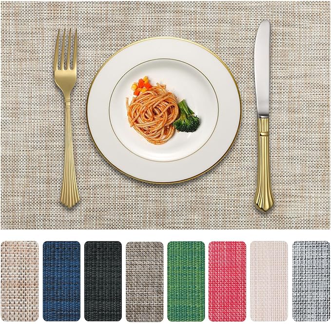 LANDVIEW Vinyl Placemats Set of 4, PVC Woven Washable Non-Slip Table Mats, Heat Resistant Wrinkle Free Place Mats for Dining Table, Easy to Clean (4, Caramel)