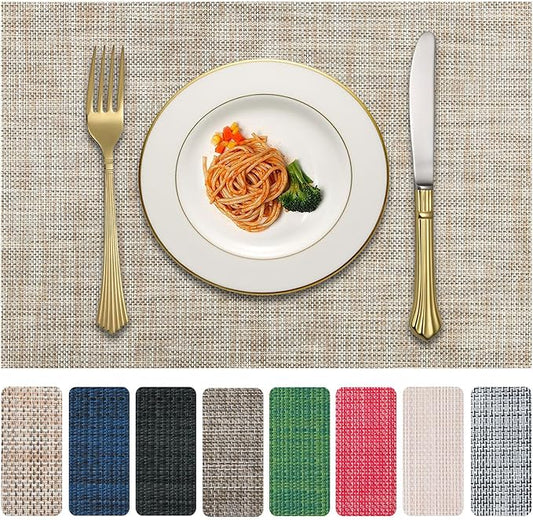 LANDVIEW Vinyl Placemats Set of 6, PVC Woven Washable Non-Slip Table Mats, Heat Resistant Wrinkle Free Place Mats for Dining Table, Easy to Clean (6, Caramel)