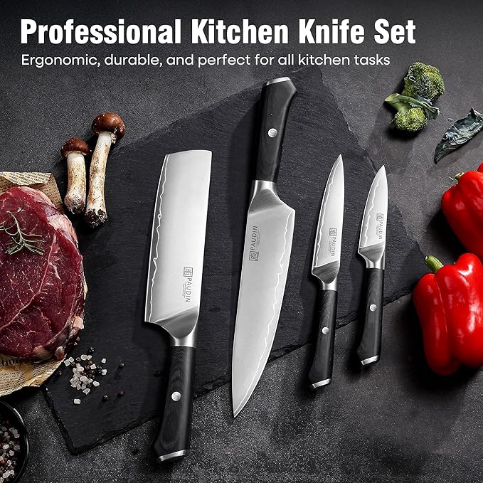 PAUDIN Kitchen Knife Set, 4 Pieces Chef Knife Set, High Carbon Stainless Steel Knife Set, Ultra-Sharp Knives Set for Kitchen with Ergonomic Wooden Handle, Gifts for Men and Women