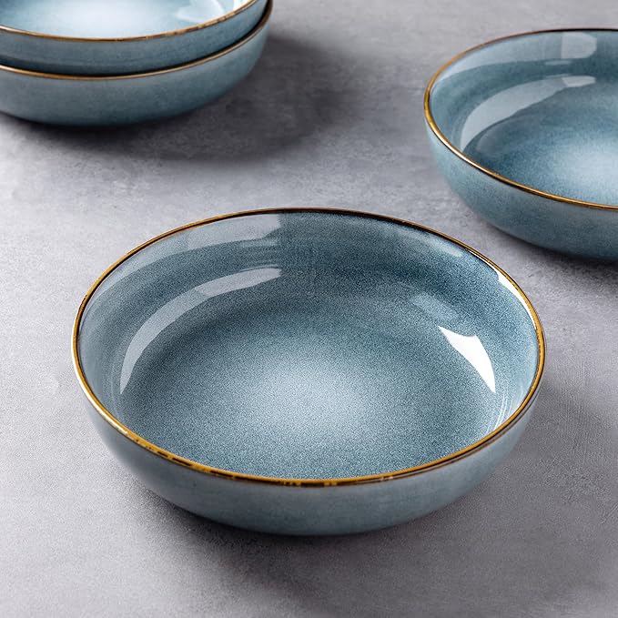 GBHOME 8.75'' Large Ceramic Pasta Bowls, 38oz Stoneware Pasta Serving Bowls Set of 4 for Kitchen, Wide Bowls for Fruit,Pasta,Salad,Oatmeal,Meal, Microwave Safe, Reactive Glaze-Space Blue