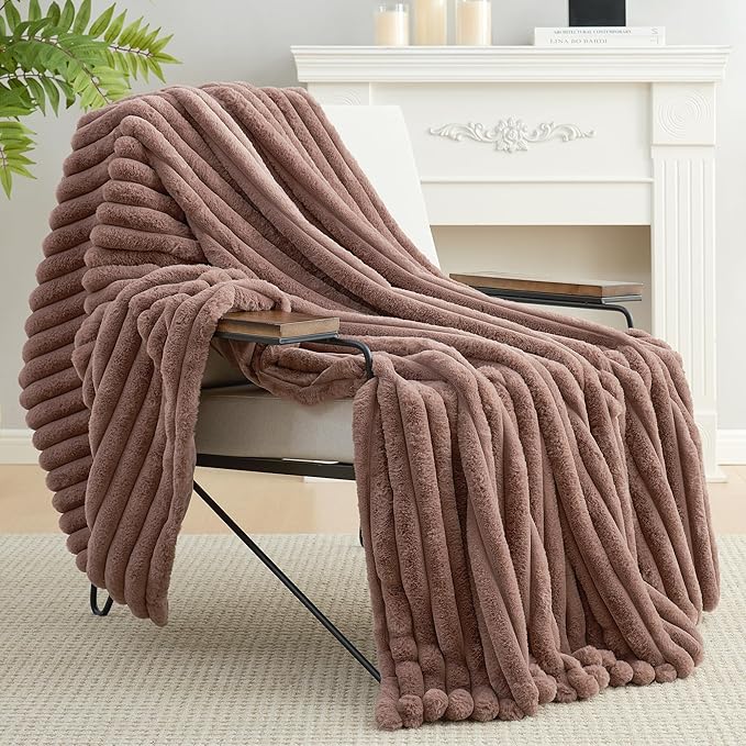 Am챕lie Home Faux Fur Throw Blanket for Couch, Cozy Fuzzy Fluffy Fur Luxurious Soft Striped Plush Gift Blankets for Family Sofa Chair Bedroom, 55"x70", Light Coffee