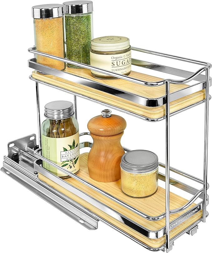 LYNK PROFESSIONAL짰 횋lite??Pull Out Spice Rack Organizer for Inside Kitchen Cabinets - 4-3/8 inch Wide - Slide Out Drawer ??Wood/Chrome Sliding Spice Cabinet Organization Shelf Racks - 2 Tier