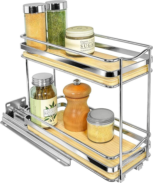 LYNK PROFESSIONAL짰 횋lite??Pull Out Spice Rack Organizer for Inside Kitchen Cabinets - 4-3/8 inch Wide - Slide Out Drawer ??Wood/Chrome Sliding Spice Cabinet Organization Shelf Racks - 2 Tier