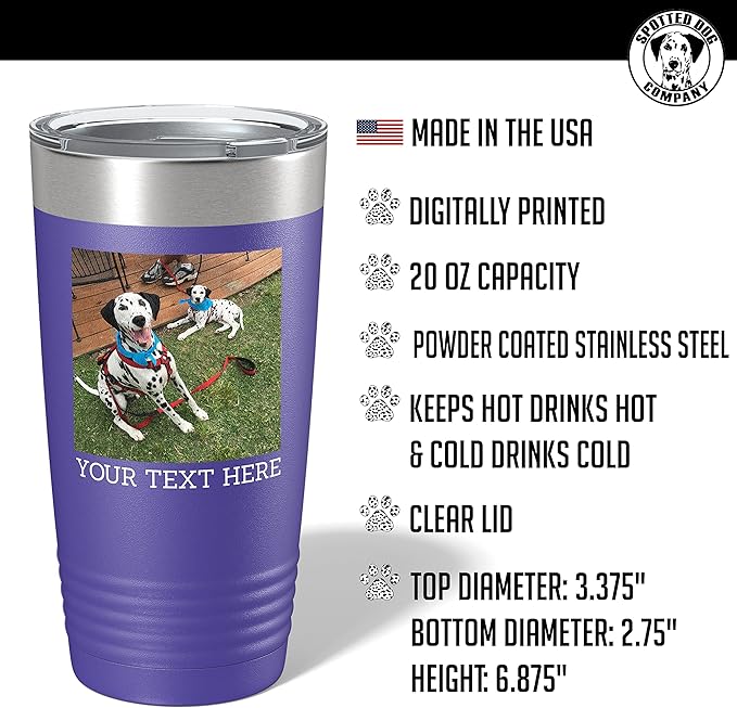 Personalized 20oz (17 Colors) Photo Picture Printed Insulated Stainless Steel Powder Coated Tumbler with Lid ??Customized Mother's Day Gift Gift for Him Men, Custom Coach Gifts Team Mom Dad (Purple)