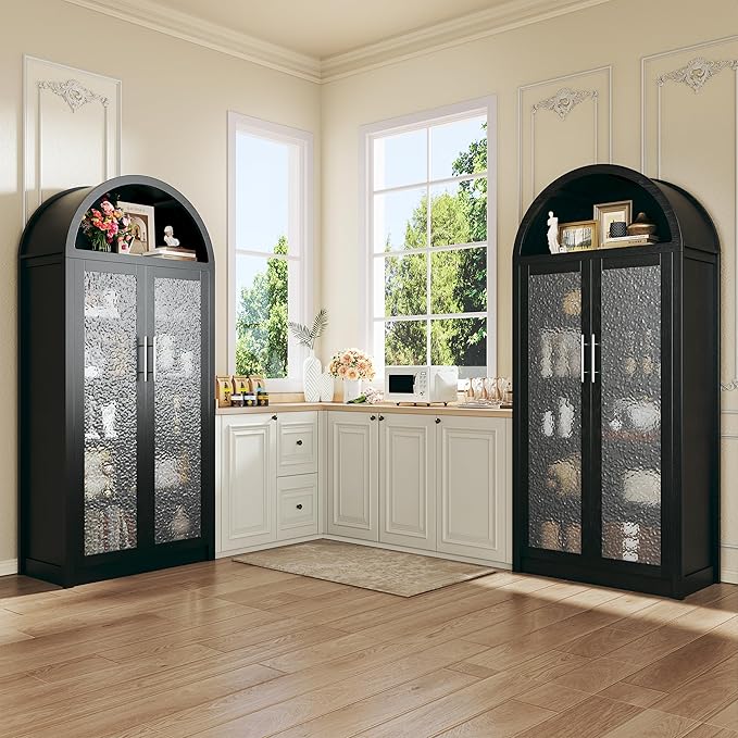 71" Tall Arched Cabinet with 3 Color Lights, Kitchen Pantry Storage Cabinet with Glass Doors & Adjustable Shelves, Modern 6-Tier Display Cabinets for Living Room, Dining Room, Black