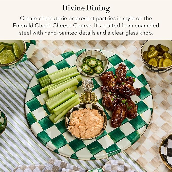 MACKENZIE-CHILDS Cheese Course, Cute Cheese Board and Serving Board for Charcuterie, Green-and-White Emerald Check