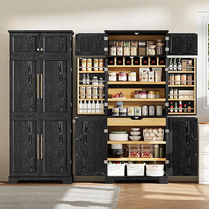 Merax 78.2" Tall Kitchen Pantry Storage Cabinet, Farmhouse Freestanding Large Cupboard with Hidden Drawer, Cabinet, 4 Adjustable Shelves, 8 Door-Shelf & 7 Wine Rack for Dining Room, Black