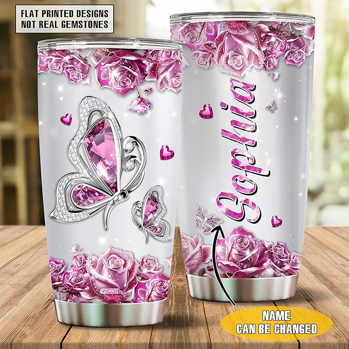 WONWIX Personalized Butterfly Coffee Mugs For Girls Mom Women Adults Butterflies Lovers Water Bottle Travel Mug Mothers Day Birthday Christmas Valentine 20oz Stainless Steel Cup With Lid