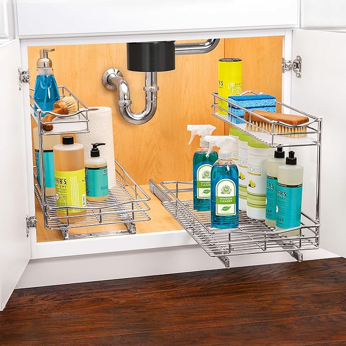 LYNK PROFESSIONAL짰 Pull Out Under Sink Kitchen Cabinet Organizer - 11.5 in. x 21 inch deep Drawer - Sliding Shelf Organizer for Cabinets and Undersink Storage Shelves - Lifetime Ltd. Warranty ??Chrome