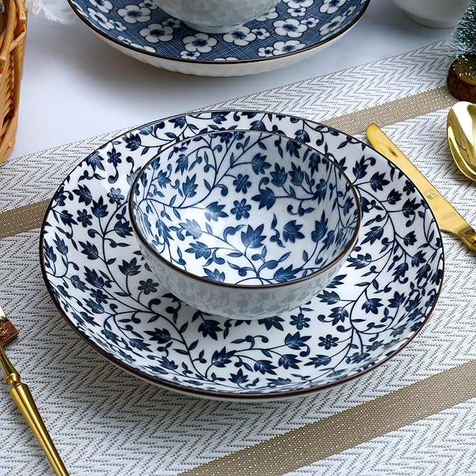 Cherry blossoms Ceramic Dinnerware Set for 2, 10-Piece Stoneware Plates and Bowls Microwave Safe, Elegant Blue Gift Box