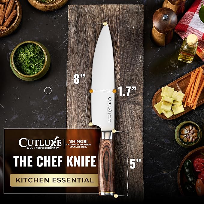 Cutluxe Chef Knife ??Ultra Sharp 8" Japanese Kitchen Knife, High Carbon Stainless Steel Blade, Full Tang Pakkawood Handle ??Shinobi Series