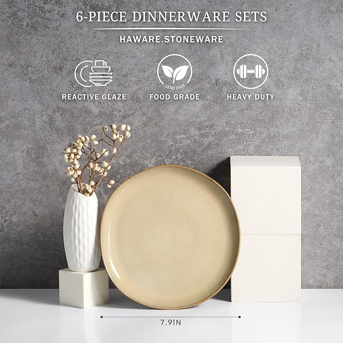HaWare Stoneware Salad Plates Set of 6, 7.9??Heavy Duty Ceramic Plates, Reactive Glaze Dinnerware for Home Restaurant, Chip and Scratch Resistant, Microwave and Dishwasher Safe, Reactive Sandy Khaki