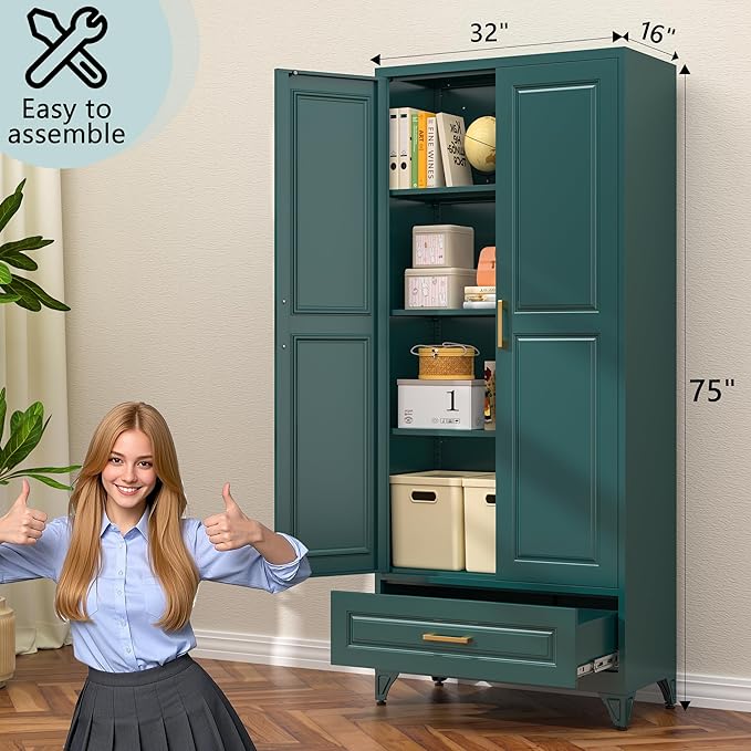 75??Kitchen Pantry Storage Cabinet,Metal Tall Storage Cabinet with Drawers and Adjustable Shelves,Modern Kitchen Hutch Cabinets,Freestanding Cupboard for Living Room,Green