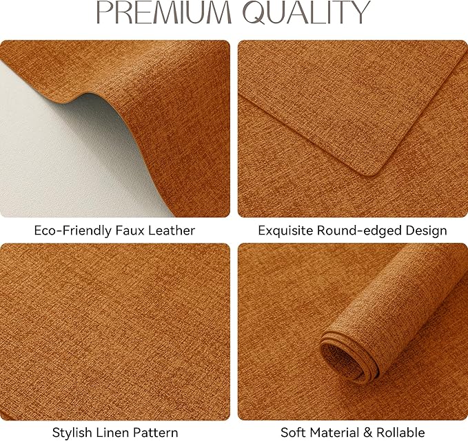 Romanstile Vinyl Placemats Set of 6-12 X 17 Inch - Heat Resistant Place Mats 100% Waterproof Oilproof Wipeable Reversible Faux Leather Table Mats for Kitchen, Dining, Party, Outdoor, Orange
