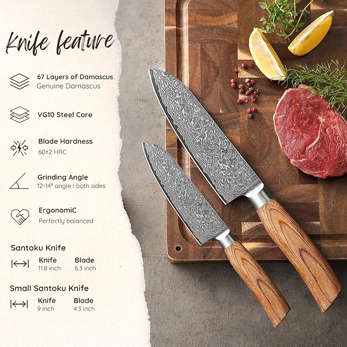 Wakoli EDIB Pro 2-Piece Damascus Kitchen Knife Set ??Santoku & Small Santoku with VG10 Core made of 67-Layer Damascus Steel Blades ??Professional Chef Knives with Ergonomic Pakkawood Handles