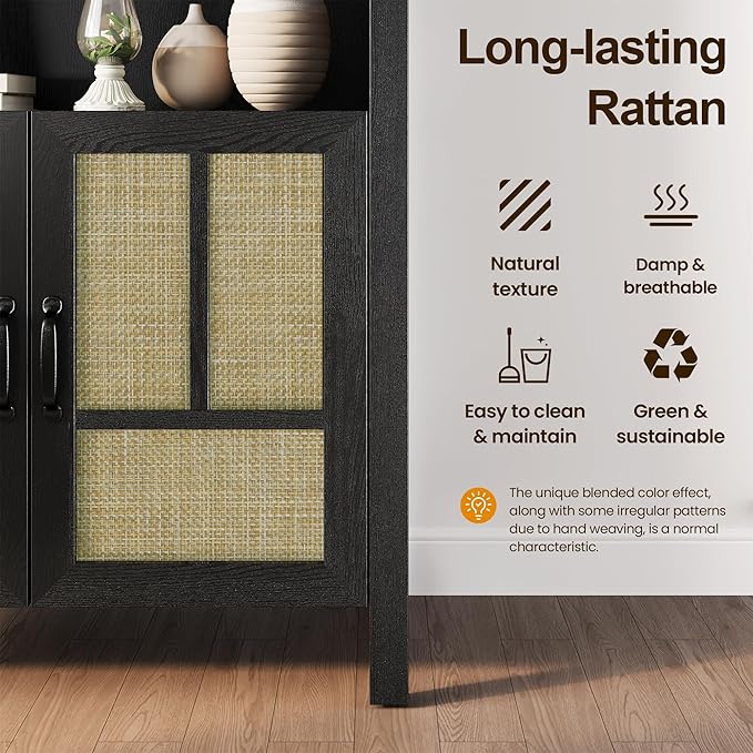 RoyalCraft Arched Rattan Storage Cabinet Set of 2, 70" Tall Boho Kitchen Pantry Display Cabinet with 2 Doors, Farmhouse Bookshelf Cupboard for Living Room Kitchen, Dining Room, Black