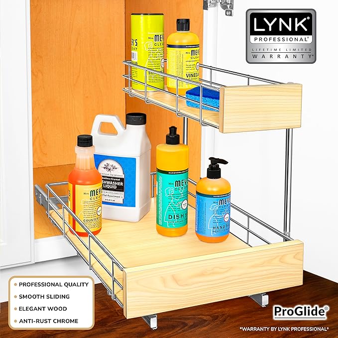 LYNK PROFESSIONAL짰 SELECT??Pull Out Under Sink Kitchen Cabinet Organizer - 11.5 in. x 18 inch deep Drawer - Sliding Shelf Organizer and Undersink Storage Shelves - Lifetime Ltd. Warranty ??Chrome